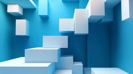 Abstract geometric shapes, blue and white, 3D perspective, possible use for design background