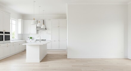 Fototapeta premium Modern White Kitchen Design Minimalist Interior with Island and Hardwood Floors