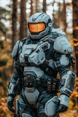 Obraz premium Futuristic soldier wearing advanced armor poses in a forest during autumn, showcasing cutting-edge technology and nature's beauty