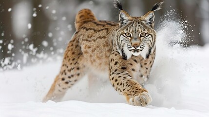 Lynx pouncing through a dense forest snow spraying around its powerful legs as it hunts for its next meal