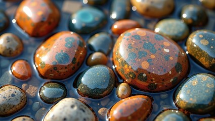 Colorful mineral stones, smoothed by river water, surface through erosion and earth movements. Earth's hidden gems revealed in riverbeds