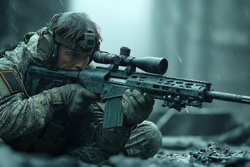 Soldier takes aim with precision rifle in a rain-soaked urban environment during a military training exercise