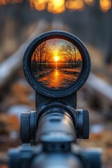 Scenic sunset view captured through a rifle scope in a forest setting during autumn