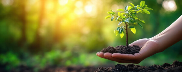 Human hands cradle a young tree with soil, symbolizing care and growth in a bright, natural setting, Nature ecology concept, World Earth Day, ESG campaign and CSR with people, world environment