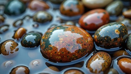 Colorful mineral stones, smoothed by river water, surface through erosion and earth movements. Earth's hidden gems revealed in riverbeds