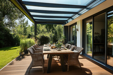 Beautiful composition of cozy terrace with big table, garden chair, plaid, plants in flowerpots, tableware, fruits in bowl, buns, brown tablecloth and personal accessories. Home decor. Template.