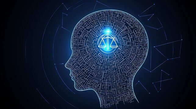 A digital illustration of a human head, intricately designed like a maze, with a balance scale graphic centered in the mind's interior
