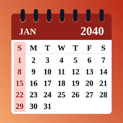 January 2040 Calendar Layout. Vector planner. January 2040 Monthly Calendar Template. Modern flat design for digital and print use