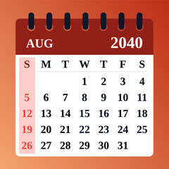 August 2040 Monthly Calendar. Vector planner. August 2040 Calendar Template. Modern flat design for business and personal needs