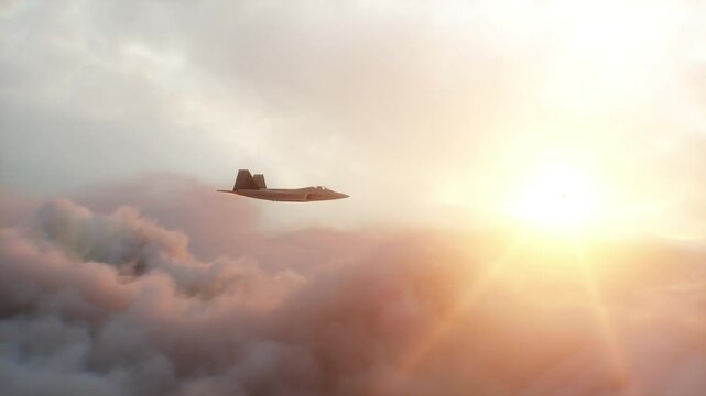 Military fighter jet F-22 flying over clouds. Air force.