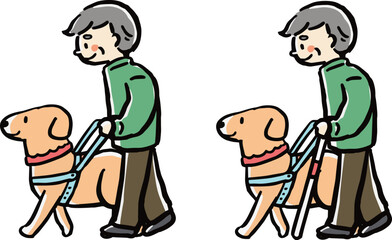 盲導犬を連れて散歩する男性の高齢者のイラストセット(白杖あり、なし)