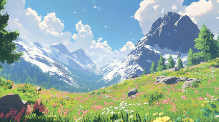 Fototapeta premium Scenic mountain landscape with vibrant wildflowers in the foreground and majestic peaks in the background