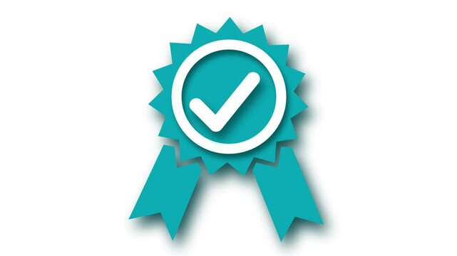 3d Ribbon Badge with Checkmark symbol animated, A ribbon badge with a checkmark in the center animation