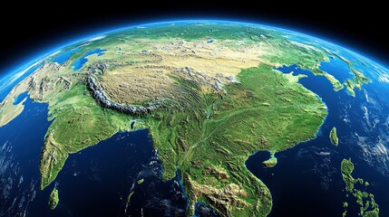 Earth view featuring Asia, bright colors, clouds, and atmospheric horizon