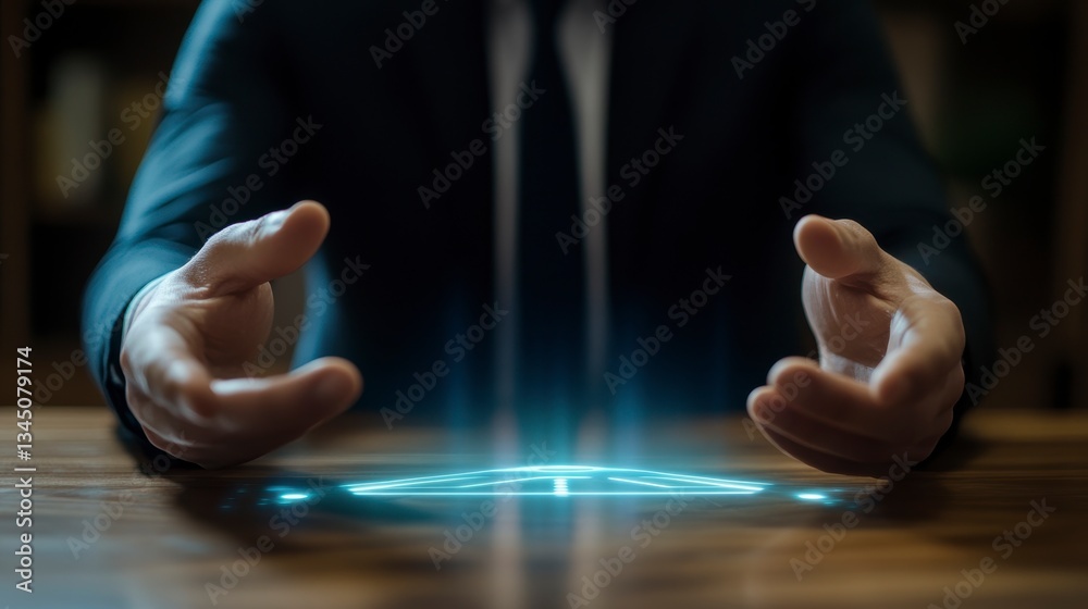 Poster businessman creating holographic projection on table