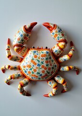 Vibrant porcelain crab, intricately painted with colorful ornaments