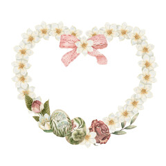 Heart shape wreath with rose flower and Easter egg in vintage style. Hand drawn watercolor decorative festive design. Graphic drawing for greeting card template. Perfect for spring holiday season.
