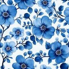 Obraz premium Seamless pattern of Delft blue flowers on white porcelain