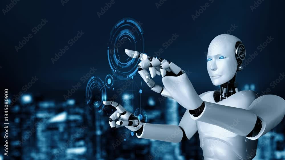 Poster ai robot huminoid uses cloud computing technology to store data on online server . futuristic concep