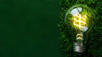 Illuminated Lightbulb With Glowing Filament Placed On Green Plant Surface With Dark Green Backdrop