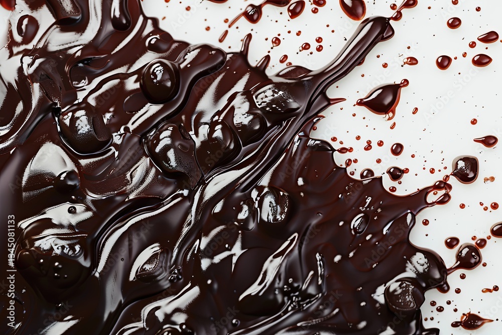 Poster rich, flowing droplets of melted chocolate create glossy texture on a cream background with high det