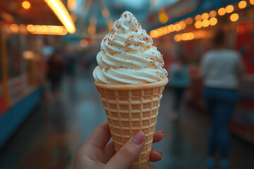 Delicious ice cream cone at vibrant carnival with ferris wheel and colorful festive atmosphereDelicious ice cream cone at vibrant carnival with ferris wheel and colorful festive atmosphere

