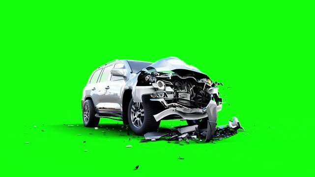 Generic 3d car crash test. Car destruction. Green screen isolate.