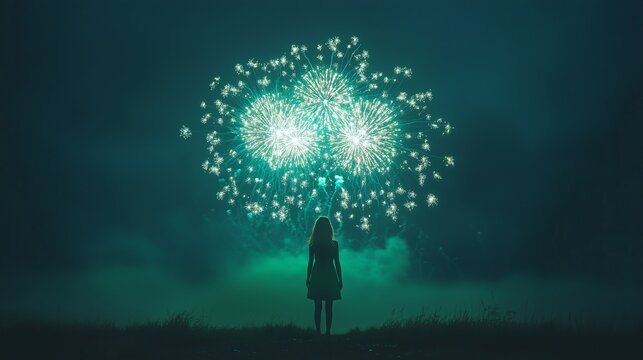 St. Patrick's Day Fireworks, Elegant Minimalist Green Burst in Night Sky - Powered by Adobe