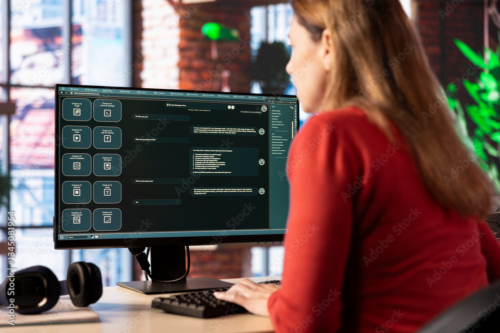 Poster adult types prompts on a pc to receive ai generated responses, working from home using artificial in