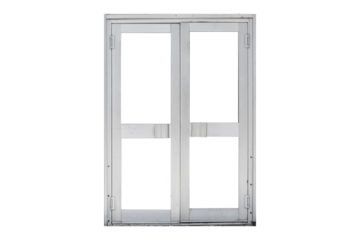 A double aluminum door from the 1980s-1990s modernist architecture era is isolated. Door has windows.