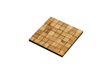 A square wooden mosaic tile panel is isolated. The panel consists of small wooden squares arranged in a geometric pattern.