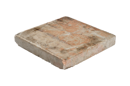 A square marble slab with a weathered and aged surface is isolated.