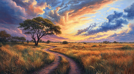 Obraz premium Serene sunset over a winding path through golden grasslands with dramatic clouds in the sky