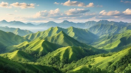 Naklejka premium A vast landscape of rolling green mountains stretches across the image,