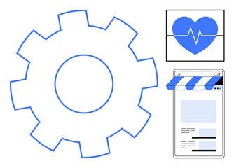 Gear symbol, heart with heartbeat line, and online store webpage. Ideal for technology, healthcare, e-commerce, productivity, innovation business systems teamwork. Flat simple metaphor