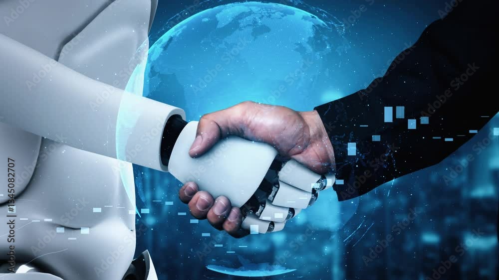 Poster 3d rendering hominoid robot handshake to collaborate future technology development by ai thinking br