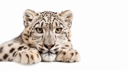 Naklejka premium Graceful snow leopard rests on a snowy white surface, showcasing its stunning spotted coat in contrast.