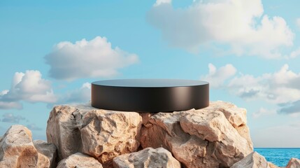 Naklejka premium A sleek black podium awaits your product, set against a stunning backdrop of an island and blue skies.
