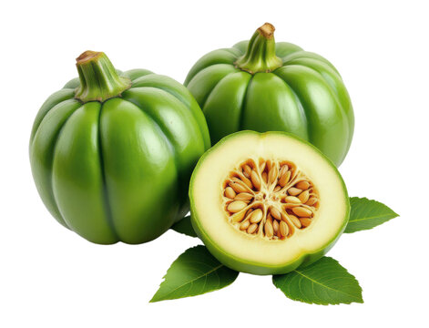 Fresh Green Garcinia Cambogia Fruits with Half Cut Section Showing Seeds and Natural Leaves Isolated on Transparent and White Background