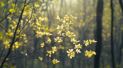 Obraz premium Soft Morning Light Illuminating Fresh Green Leaves in a Tranquil Forest Setting