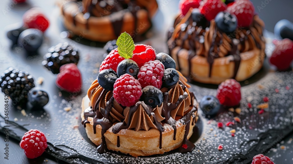 Leinwandbilder delicious pastries adorned with chocolate and fresh berries showcase vibrant colors and elegant pres