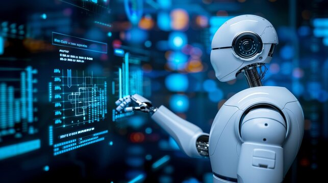 artificial intelligence AI research of robot and cyborg development for future of people living. Digital data mining and machine learning technology design for computer brain.