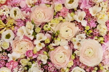Summer blossoming delicate ranunculus, eustomas and freesias on blooming flowers festive background, pastel and soft bouquet floral card, selective focus