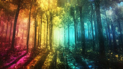 Fototapeta premium Vivid Abstract Forest Landscape with Colorful Trees and Dreamlike Lighting Effects