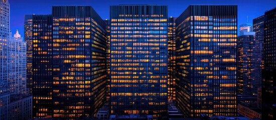 Illuminated city skyscrapers at night with multiple lighted windows are presented