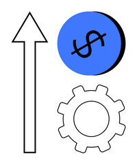Vertical arrow represents growth blue dollar coin indicates financial aspects gear symbolizes mechanism and operation. Ideal for business development, financial growth, efficiency, progress
