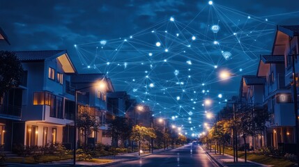 Smart city street at night with connected homes