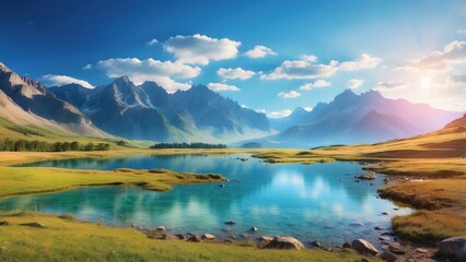 A panoramic view of lush, rolling hills blanketed in greenery under a soft, blue sky.
