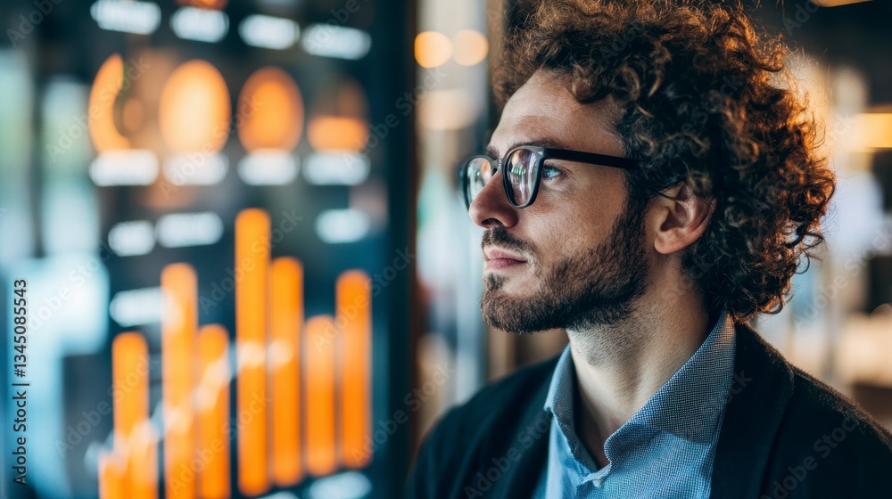 Poster Man looks at business graphs and charts. Possible use stock photo for business presentations