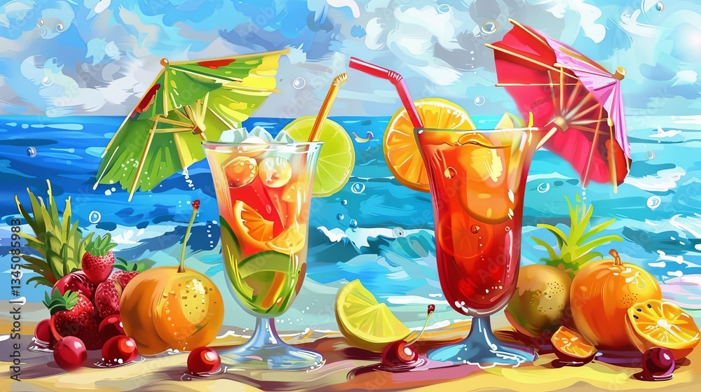 Poster cocktails with fruits and colorful umbrellas on a sunny beach with waves and sandy shore generative 